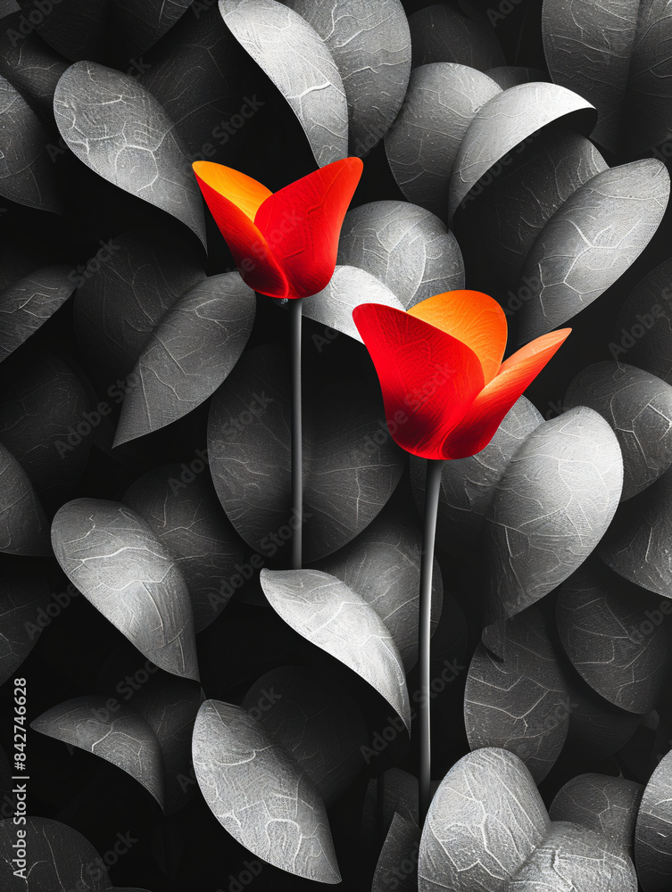 Poster red and black abstract flower with vibrant petals and intricate leaf patterns for creative and moder
