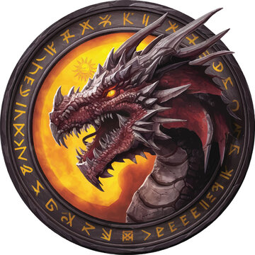 world of warcraft deathwing dragon face on an amulet with a sun on it