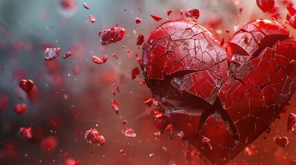 Broken red heart 3d design, exploded shattered into pieces, virtual screen blend
