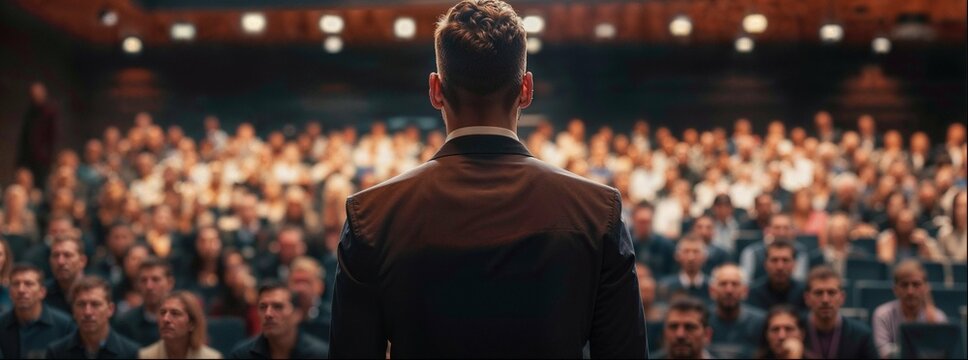 Oratory skills. Motivational speaker on stage. Public speaker delivering a powerful speech, engaging audience.