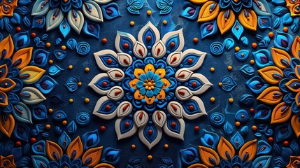 Colorful Mandala Artwork with Blue and Orange Patterns on Textured Background
