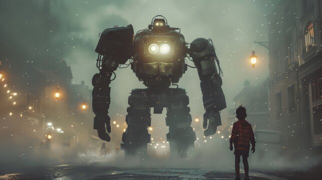 A man standing in front of a giant robot