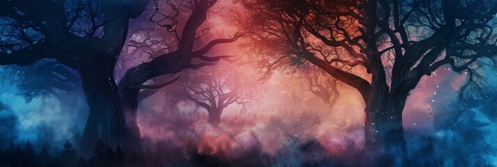 Mystical Forest with Dark Silhouetted Trees. Magical Fantasy Forest Landscape, Digital Art