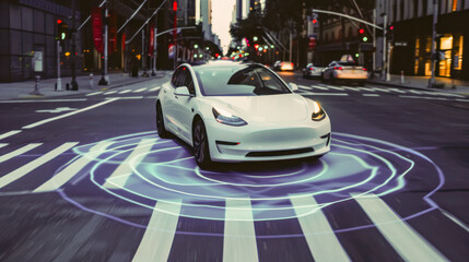 self-driving car moving on a city, using advanced technologies for autonomous driving. A white electric car with modern clean lines is surrounded by blue circles and lines superimposed on the road