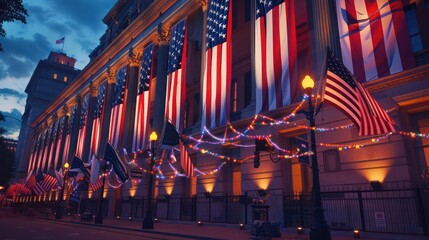  A famous museum's facade decorated with large American flags and Independence Day streamers, lit up beautifully in the evening light.