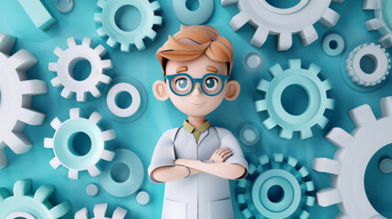 Cartoon Scientist Conducting Experiment with Gears