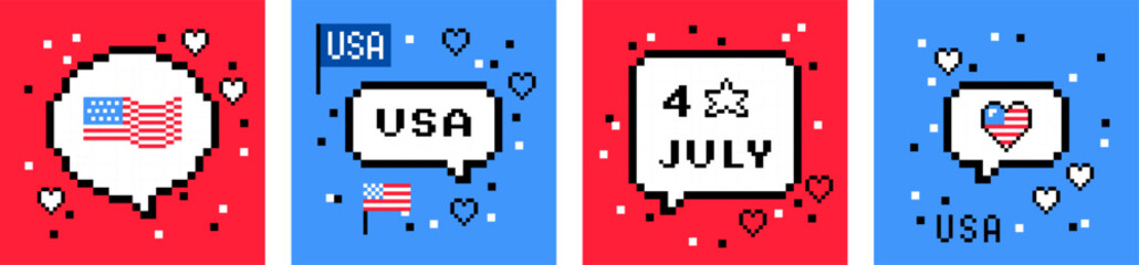 Obraz premium Pixel art USA Independence Day collection. 4th of July. Speech bubble. American flag. Simple, fun pixel icon set. Y2k trendy playful pixelated sticker. 8 bit retro style vector illustration, red, blue