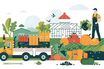 Fototapeta premium A man is holding a basket of vegetables and walking down a road. The road is filled with various types of vegetables, including carrots, apples, and pumpkins. The scene is lively and colorful