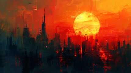 Obraz premium Dramatic abstract cityscape with vibrant sunset and city lights. Ideal for modern urban backgrounds, artistic projects, and evening city-themed decor