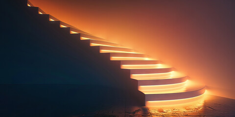 Excellence Elevation: Abstract staircase ascending towards a glowing light, signifying continuous improvement and growth