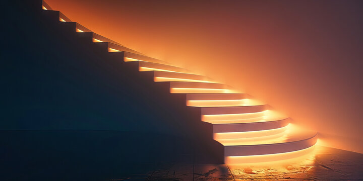 Excellence Elevation: Abstract staircase ascending towards a glowing light, signifying continuous improvement and growth