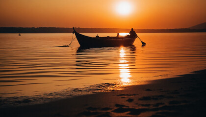 Obraz premium Boat at sea at sunset