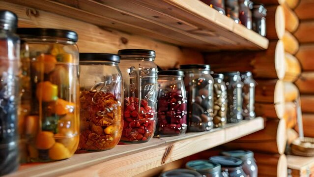 Shelves filled with various preserved foods in jars inside rustic wooden pantry
