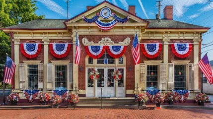: A festive town hall with its facade adorned with American flags, red, white, and blue banners hanging from the windows, and patriotic decorations lining the entrance.