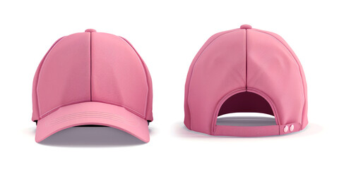 A plain pink baseball cap is shown from the front and back views. The cap features a structured design with a curved brim, stitching details, and an adjustable strap with snaps at the back