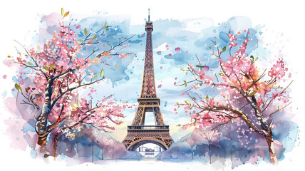 Colorful and vibrant landscape, spring scene in Paris with cherry blossoms trees framing the iconic Eiffel Tower. Pastel watercolor illustration. Travel and landmarks