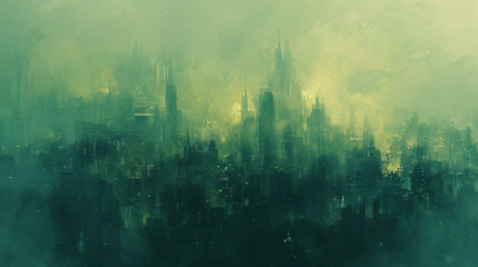Fototapeta premium Green abstract watercolor cityscape with futuristic skyline reflection in night light