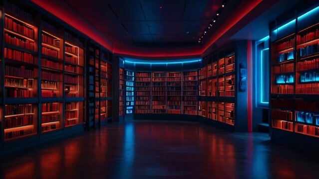 A futuristic library with red and blue neon lights illuminating the shelves and floor. - Powered by Adobe
