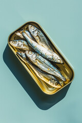 Canned sardines in a rectangular tin on a teal background. Minimalistic and vibrant food concept.