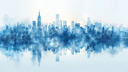 blue abstract watercolor cityscape with skyline reflection, ideal for digital art, backgrounds, and modern urban designs