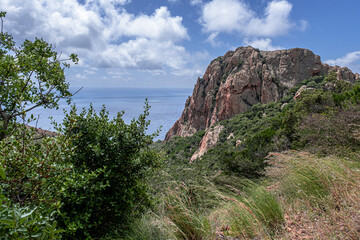 Massif de l'Esterel, a volcanic mountain range on the Mediterranean Sea coast on the French Riviera, located near Cannes on the east and Saint-Rafael on the west, France 
