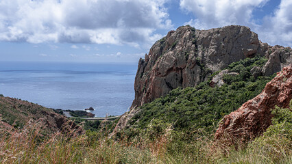 Massif de l'Esterel, a volcanic mountain range on the Mediterranean Sea coast on the French Riviera, located near Cannes on the east and Saint-Rafael on the west, France 