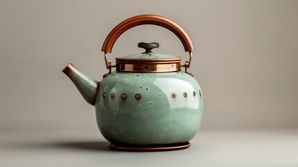 Vintage Green Ceramic Teapot with Copper Accents on Neutral Background
