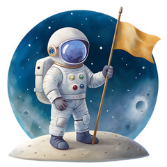 Fototapeta premium Astronaut Planting a Flag on the Moon - Isolated on Transparent Background - Space Exploration Concept - Vector Illustration