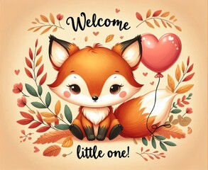 Baby fox illustration with heart balloon and flowers, welcoming a new arrival