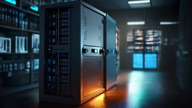 A dark room with a large server rack. The rack is filled with servers and there is a bright light coming from the front of the rack.