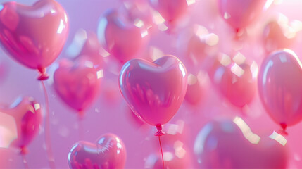 A multitude of 3D-rendered, heart-shaped balloons floating upwards, giving a feel of love and celebration