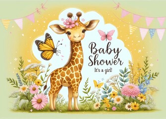 Adorable baby giraffe surrounded by flowers and butterflies, celebrating a baby shower event.