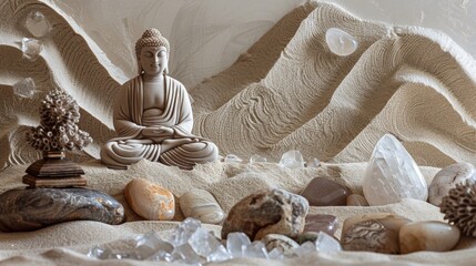 Zen garden contains figurines and stones to aid in meditation and achieve calmness