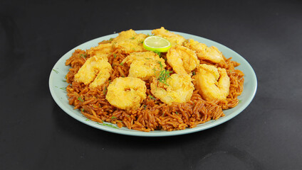 round plate with Shrimp prawns seafood fried with brown Rice Arabic dish black background deferent angle 