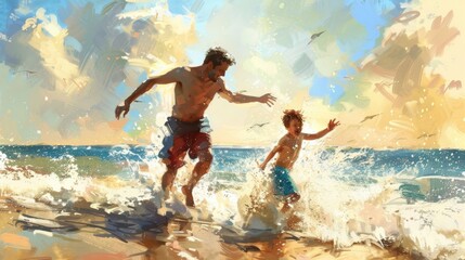 Fototapeta premium Illustration Of A Father And His Son Enjoying The Beach, Running And Playing In The Ocean, Father's Day