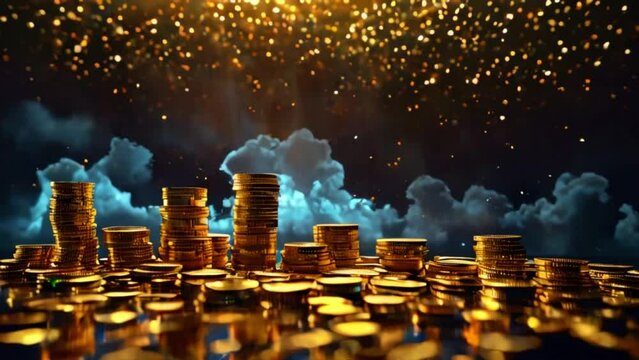Stacks of gold coins with a blue mist around them and sparkles falling from the top.
