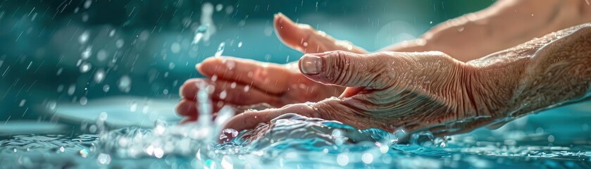 Fototapeta premium Senior hands creating splashes in pool, close-up, bright light, clear water, detailed texture, gentle motion, refreshing environment, dynamic feel