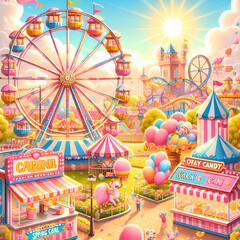 A Bright and Cheerful Spring Carnival with Games and Cotton Candy Stands