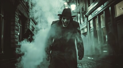 A menacing figure wearing a joker mask appears amidst the fog on a dark city street