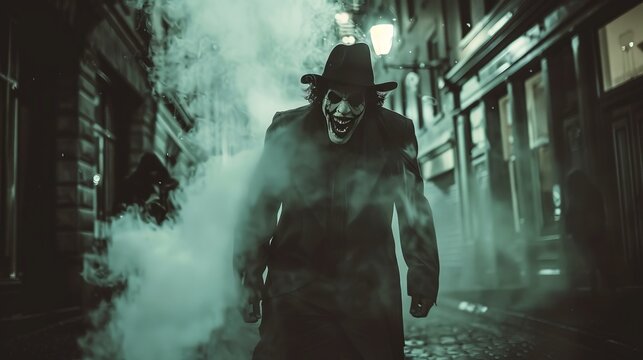A menacing figure wearing a joker mask appears amidst the fog on a dark city street