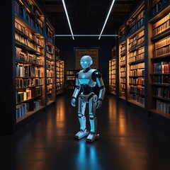 A AI Robot browses towering bookshelves in a quiet library, sunlight streaming through the high windows