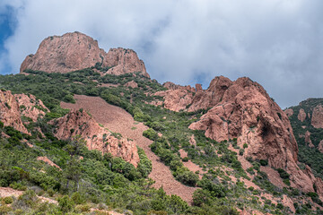 Massif de l'Esterel, a volcanic mountain range on the Mediterranean Sea coast on the French Riviera, located near Cannes on the east and Saint-Rafael on the west, France 