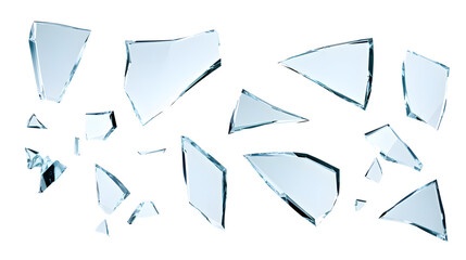Set of pieces broken glass isolated on white background