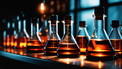 Flasks on the table with chemical liquid