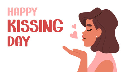 Happy kissing day. Woman sending air kiss. Vector celebration banner on white background.