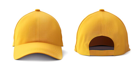 A plain yellow baseball cap is shown from both front and back views. The cap features a classic design with a curved brim, ventilation holes, and an adjustable strap at the back