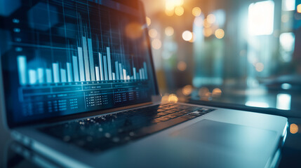 business sales growth data statistics displayed on laptop in modern office, economy or business analysis 