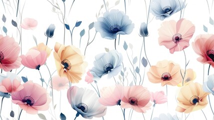 A seamless floral design with minimalistic elements featuring slender stems and delicate petals in pastel colors The flowers are arranged in a flowing pattern that exudes elegance and tranquility The