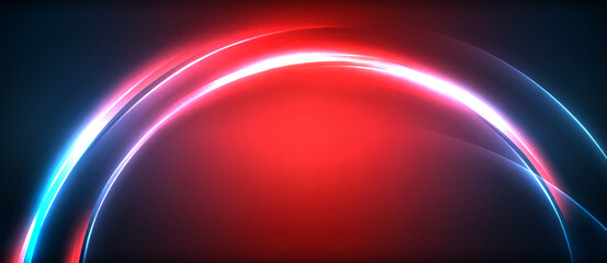 Neon glowing circle rays, light round lines in the dark, planet style neon wave lines. Energetic electric concept design for wallpaper, banner, background