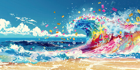 Sale Wave: Abstract wave patterns with sale tags cresting and crashing onto a sale beach